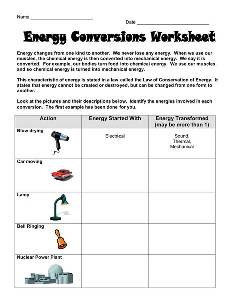 energy transformation practice worksheet answer key